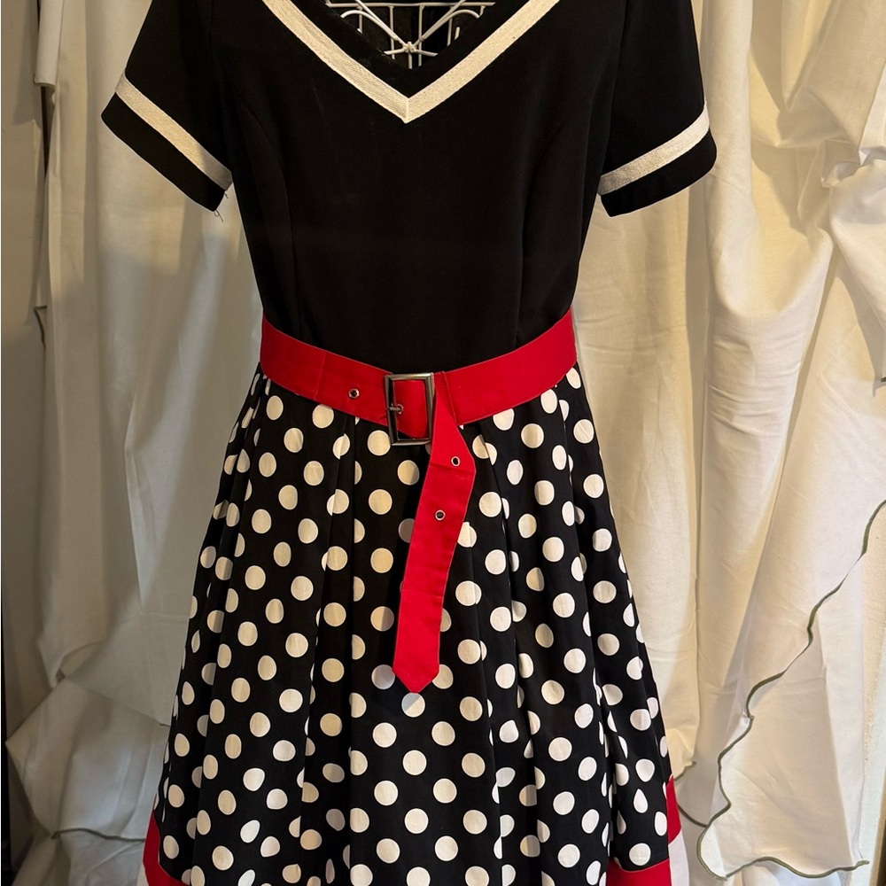 Rockabilly Black and White Polka Dot Dress with Red Accents 1950’s style